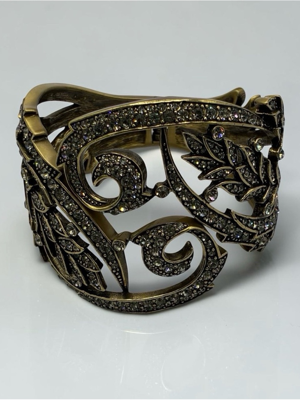 Heidi Daus Antiqued Brass-Tone Crystal Scroll Leaf Hinged Cuff Bracelet